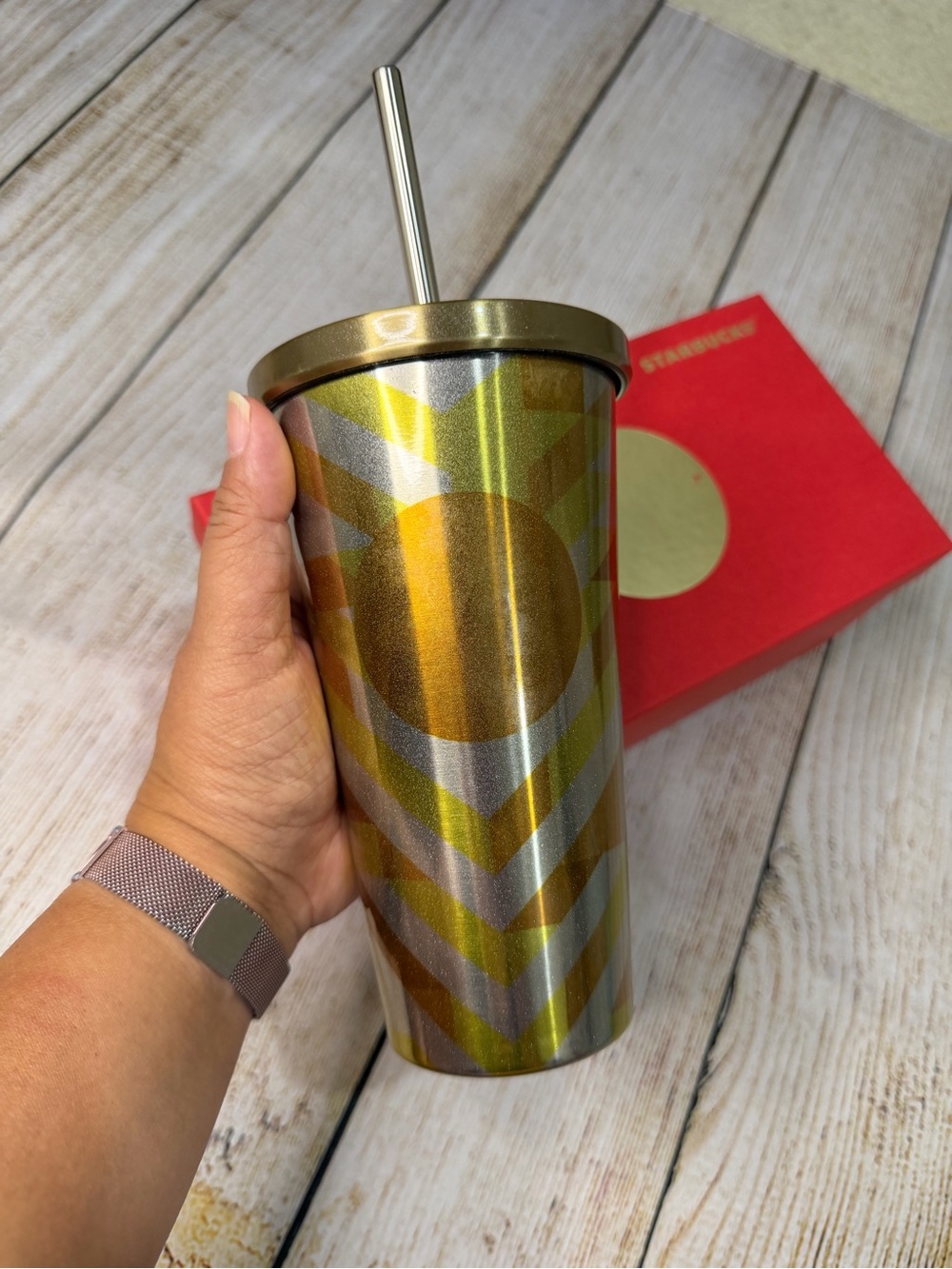 Starbucks 2014 Holiday Dot Collection Tumbler 16oz NIB Gold Chevron